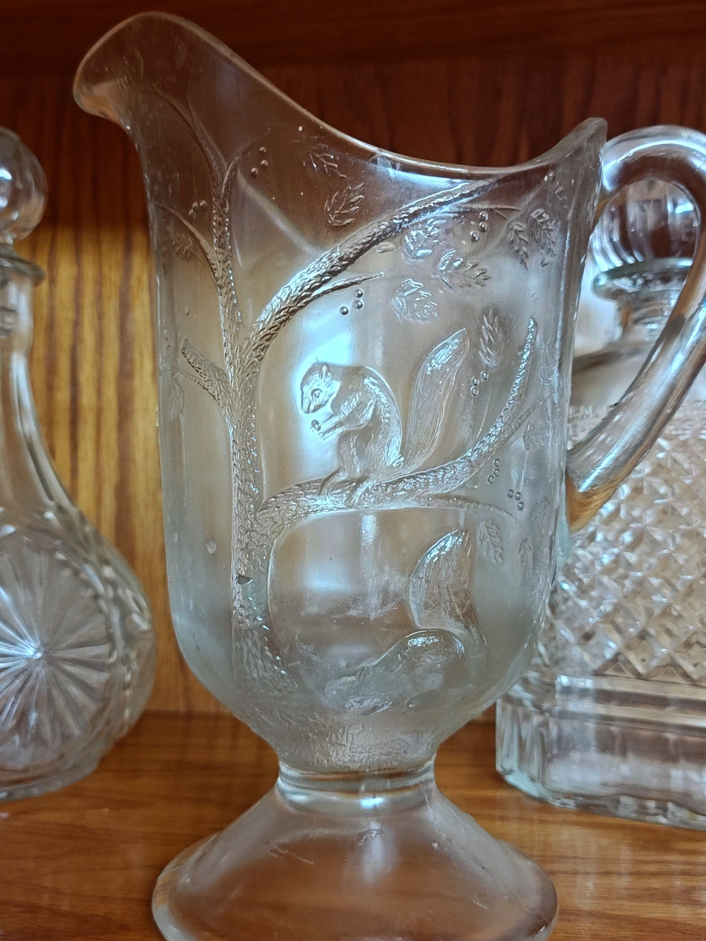 Etched Glass Pitcher with Squirrel Motif - Clear